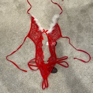 NWT Red Lace Plunge Teddy with Feather Trim - Women’s Intimate